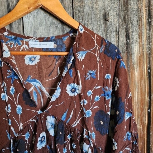 Faithfull the Brand Melia Babydoll Top Size XS Relaxed Fit Brown Blue Floral - Picture 3 of 6